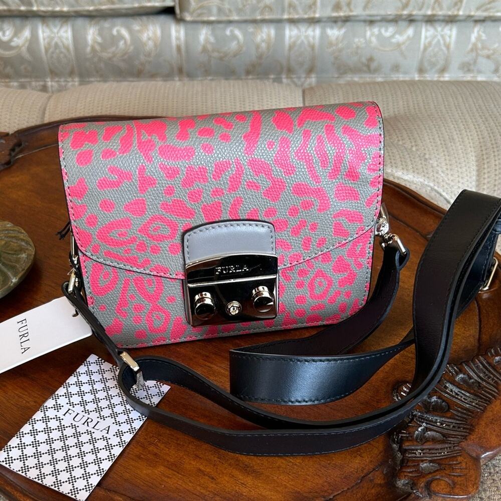 Furla Pink and Gray Leopard print Metropolis crossbody bag New